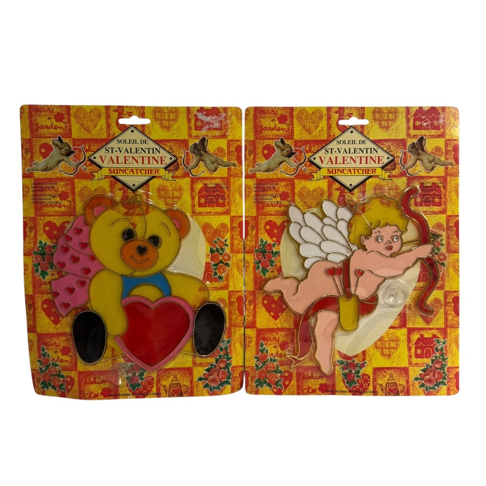 Valentine Suncatchers Teddy Bear Cupid‎ Heart Window Decor NEW Set of 2 Y2K 90s